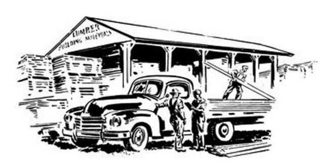 Illustration of a lumberyard loading building materials onto a truck